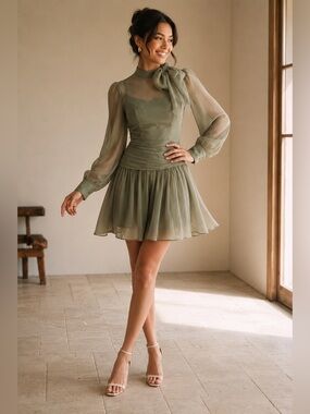 NEW  Vintage Olive Chiffon Mini Dress | Elegant Spring Party Dress